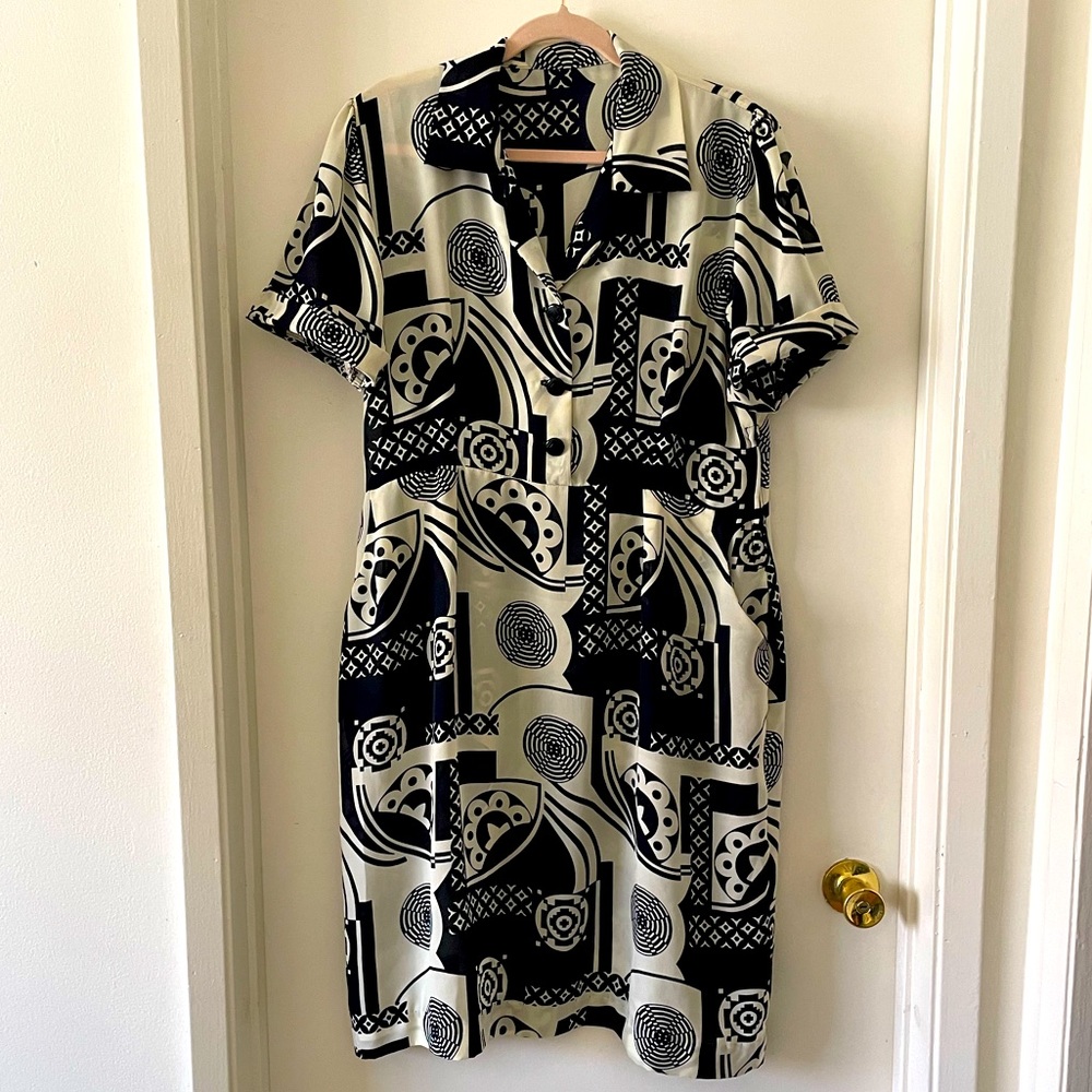 Vintage 1980s home made sheer navy/cream geo print dress